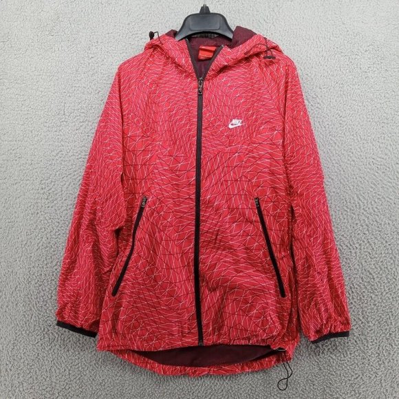 Nike Jacket Mens Small Red Geometric Pattern Zip Up‎ Hoodie Windbreaker Running - Picture 1 of 7